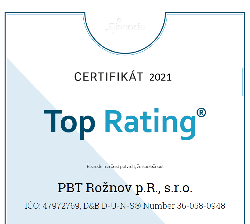 PBT Rožnov p.R., s.r.o. znovu získala prestižní ocenění „TOP RATING“